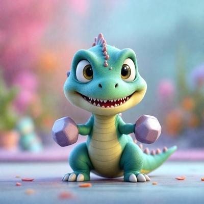 The primary subject of the image is a small, colorful, cartoon-like dinosaur, possibly a lizard, with a big smile on its face. The dinosaur is holding a pair of dumbbells in its hands, giving it a playful and friendly appearance. The setting is a pink background, which adds a vibrant and cheerful touch to the scene. The visual style of the image is a combination of digital art and illustration, creating a whimsical and engaging atmosphere. The colors and mood of the image are predominantly pink and light-hearted, making it a delightful and fun scene.
